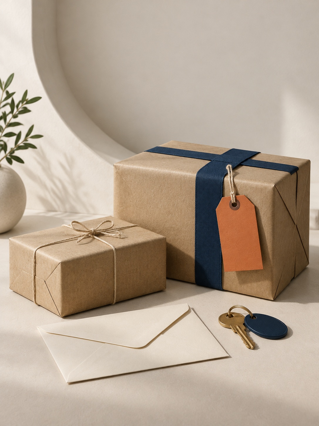 Parcels, an envelope and keys
